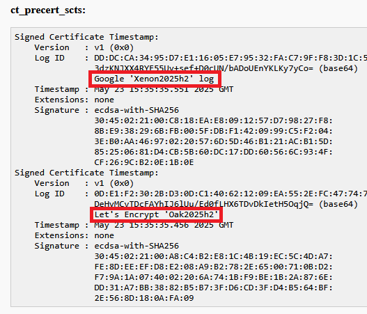 screenshot of certview with CT-log names highlighted