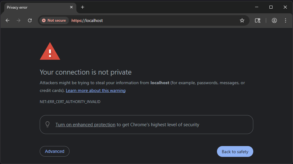 screenshot of Chrome showing a certificate warning for a self-signed certificate